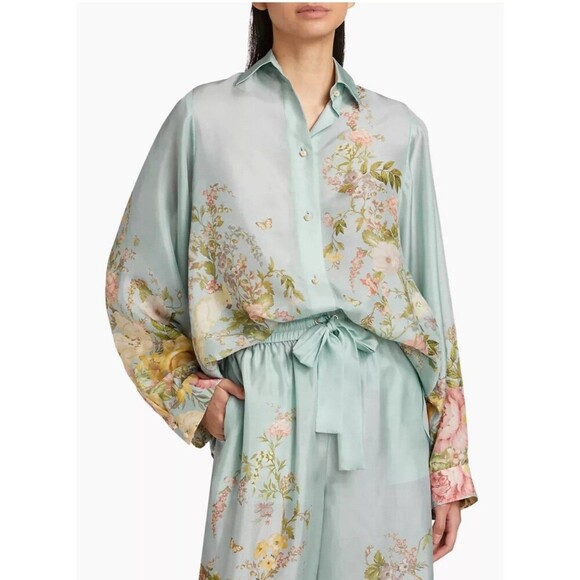 ZIMMERMANN Waverly Floral-Print Shirt Light Blue Silk Size AU 0P/ US 2P - Picture 2 of 14